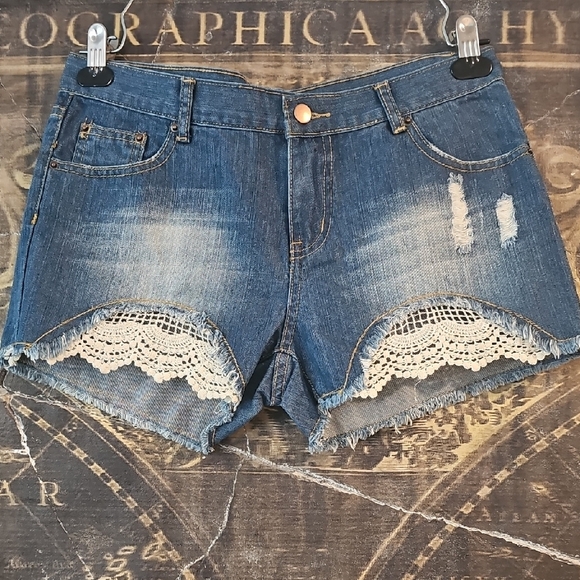 Bohemian Blue Jean Shorts with Lace Trim - Picture 2 of 5